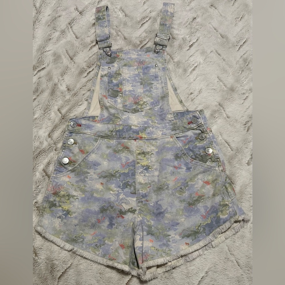 Pilcro by Anthropologie Waterolor Denim Overalls Frayed Hem Shortalls - Picture 6 of 9